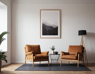 Two armchairs in room with white wall and big frame poster on it. Scandinavian style interior design of modern living room.