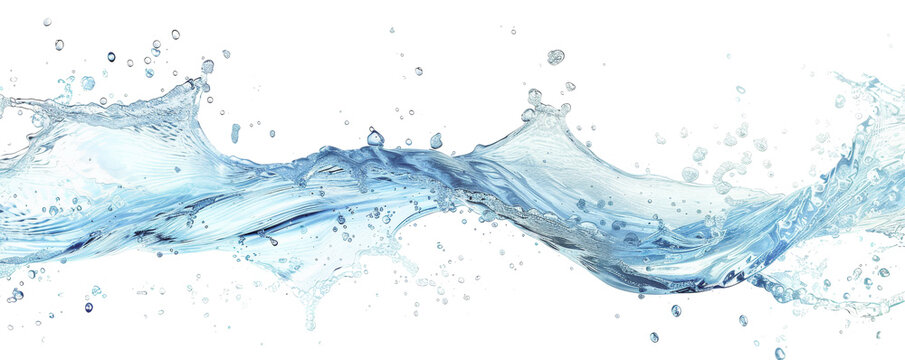 Dynamic splash of translucent water on white background, capturing fluid motion and energy. Perfect for design elements and backgrounds.