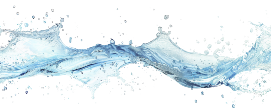Dynamic splash of translucent water on white background, capturing fluid motion and energy. Perfect for design elements and backgrounds.