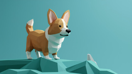 A creatively designed polygonal corgi standing on a digital turquoise background, highlighting modern art techniques.