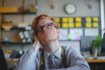 Young red business man sitting in the office very upset and stressed. Insurance Nerd Day on 18th July