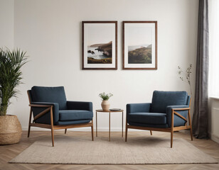 Two armchairs in room with white wall and big frame poster on it. Scandinavian style interior design of modern living room.