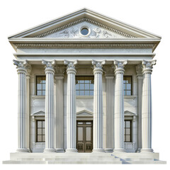 Fototapeta premium Front view of a neoclassical building with tall columns, architectural details, and grand entrance, isolated on a white background.