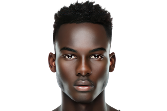 A photorealistic headshot of a confident African American man with a stylish haircut and a sharp jawline. isolated on white background