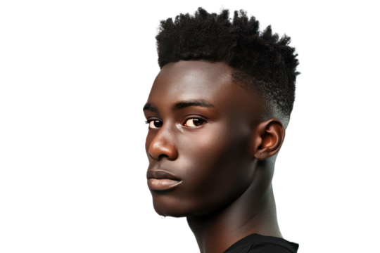 A photorealistic headshot of a confident African American man with a stylish haircut and a sharp jawline. isolated on white background