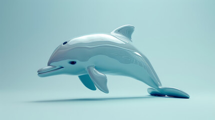 Obraz premium A photorealistic 3D model of a silver dolphin, gracefully arched in a tranquil pose against a light blue background.