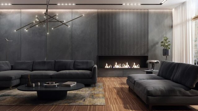 3D animation of modern living room presenting in different color versions with changing decors