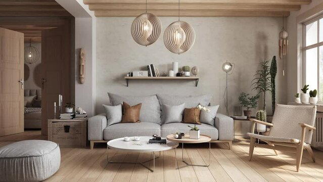3D animation of living room presenting in different color versions with changing decors and styles