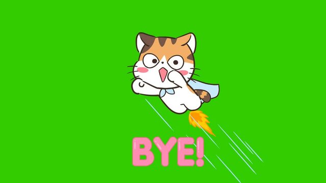 Animated Flying Cat Saying "Bye" - Green Screen