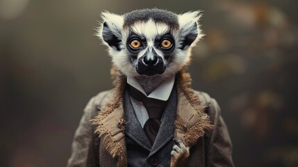 Obraz premium An anthropomorphic lemur, clad in a tailored suit and tie, exudes charisma and human-like demeanor in a captivating fashion portrait.