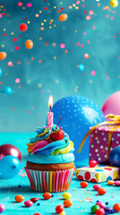 Vibrant birthday scene featuring a colorful cupcake with a lit candle, surrounded by balloons, confetti, and gifts on a blue background.

