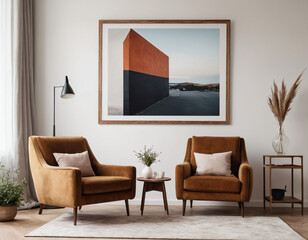 Two armchairs in room with white wall and big frame poster on it. Scandinavian style interior design of modern living room.