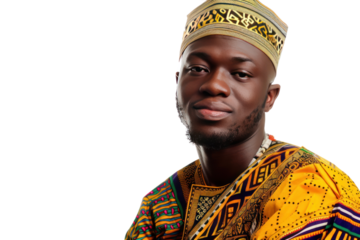 A photo of a handsome African American man dressed in traditional African attire, showcasing his cultural heritage and pride. isolated on white background