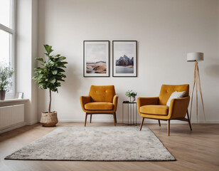 Fototapeta premium Two armchairs in room with white wall and big frame poster on it. Scandinavian style interior design of modern living room.