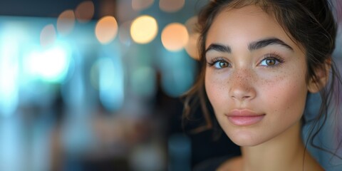 Obraz premium Close-up portrait of a young woman with freckles, captured in soft focus with a blurred, colorful background. Young woman with freckles in soft focus Banner with copy space