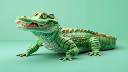 Fototapeta premium A vibrant green cartoon crocodile toy posed on a teal background, perfect for playful designs.