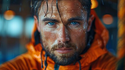 Close-up portrait of a serious man with raindrops on his face