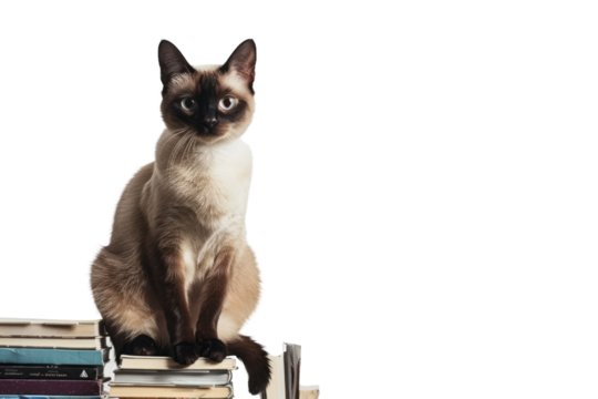 A mischievous Siamese cat perched on top of a bookshelf, surveying its domain, isolated on white background