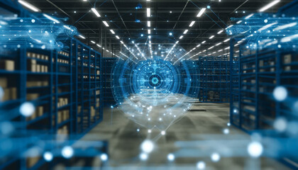 A futuristic logistics center with a wide-format holographic supply chain network diagram. The composition is dynamic, emphasizing business, technology, and innovation, with clear areas for copy space