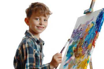 A mischievous boy with a paintbrush in hand, transforming a blank canvas into a masterpiece of vibrant colors in an artistic studio space. isolated on white background
