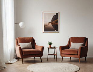 Two armchairs in room with white wall and big frame poster on it. Scandinavian style interior design of modern living room.