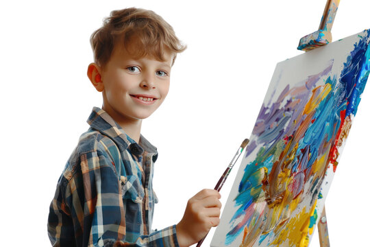 A mischievous boy with a paintbrush in hand, transforming a blank canvas into a masterpiece of vibrant colors in an artistic studio space. isolated on white background