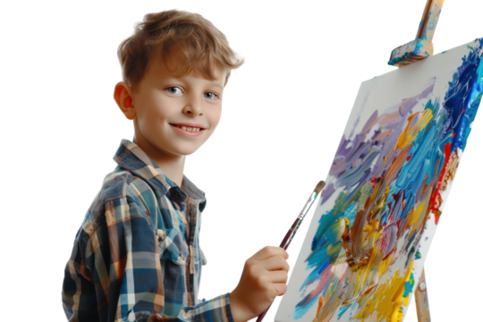 A mischievous boy with a paintbrush in hand, transforming a blank canvas into a masterpiece of vibrant colors in an artistic studio space. isolated on white background