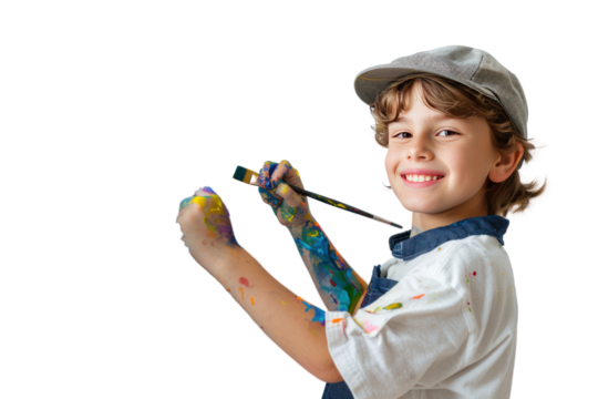A mischievous boy with a paintbrush in hand, transforming a blank canvas into a masterpiece of vibrant colors in an artistic studio space. isolated on white background