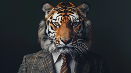 Fototapeta premium Fashionable Tiger Poses in Smart Suit and Tie