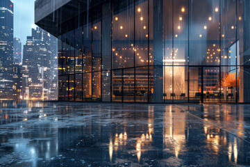 Building with large glass windows in the evening in the city center close up. A large office building
