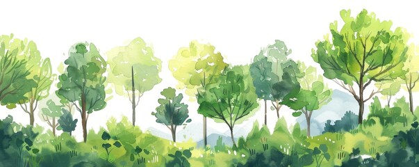 Fototapeta premium Watercolor stylized illustration of green forest and trees, white background, wallpaper-style