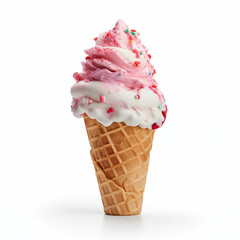 Delicious swirled ice cream cone with pink and white flavors, topped with colorful sprinkles on a crisp waffle cone against a white background.
