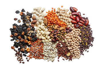 a medley of dried legumes, including lentils, beans, and peas, arranged in a colorful pattern on a white background. isolated on white background