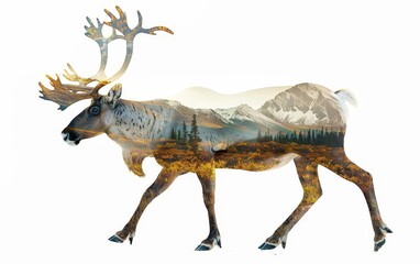 Obraz premium A double exposure image of a caribou silhouette filled with a detailed tundra landscape The caribou