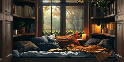 Cozy reading nook with builtin bookshelves octane