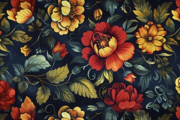 Elegant traditional floral pattern featuring vibrant red and yellow flowers with lush green leaves on a dark backdrop, perfect for wallpaper, textiles, and classic design elements