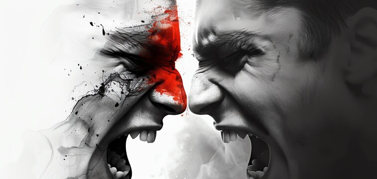 Two men screaming at each other, faces covered in abstract paint, symbolizing intense conflict and raw emotion. Artistic black and white effect.
