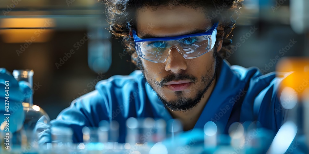 Poster scientist conducting chemical experiment in laboratory with erlenmeyer flask and reagents. concept c