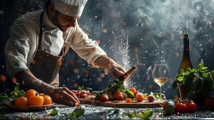 Chef Curating Wine Pairing Menu: Stock Photo with High Resolution of Creative Process, Food and Wine Selection on Glossy Backdrop   Photo Realistic Concept