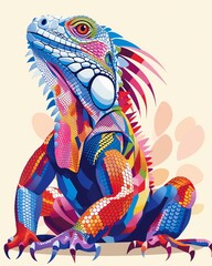 Iguana with vibrant scales flat design side view colorful reptile theme cartoon drawing Analogous Color Scheme