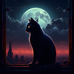 The silhouette of a black cat sitting in a window with a full moon in the background.

