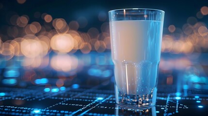 Futuristic Milk Nourishment Amid Flowing Digital Data