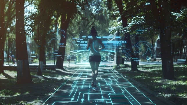 Futuristic Fitness Journey Through Digitalized Urban Park - Powered by Adobe