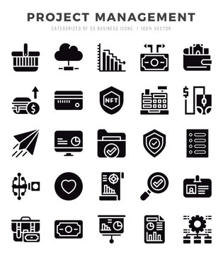 Project Management Glyph icons collection. 25 icon set. Vector illustration.