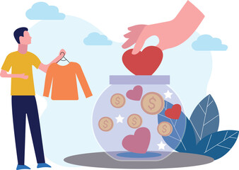 The boy is donating clothes.