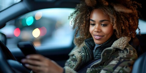 Young woman using smartphone while sitting in drivers seat of car. Concept Smartphone Photography, On-the-Go, Technology Lifestyle