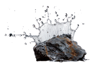 A dramatic splash of water created by a rock being thrown into a pond, capturing the explosive energy of the impact and the resulting wave , isolated on white background.