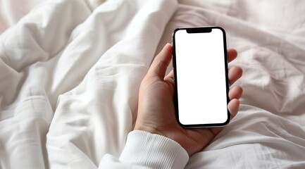 Close-up of a Hand Holding an iPhone with a Blank Screen, White Bed Sheets Background, Mockup for Apps and Websites, Perfect for Product Presentations and Marketing