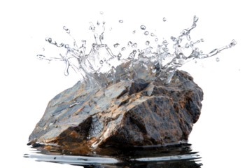 A dramatic splash of water created by a rock being thrown into a pond, capturing the explosive energy of the impact and the resulting wave , isolated on white background.