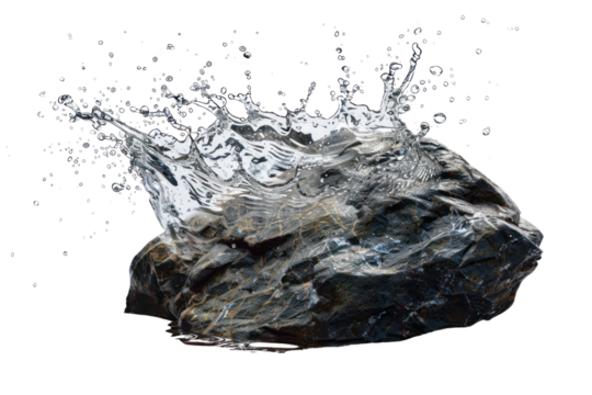 A dramatic splash of water created by a rock being thrown into a pond, capturing the explosive energy of the impact and the resulting wave , isolated on white background.